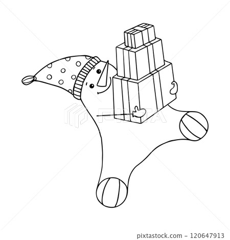 A cheerful snowman in a hat and with a smile on his face holds many boxes with gifts in his hands. A cheerful snowman in a hat and with a smile on his face holds many boxes with gifts in his hands. 120647913