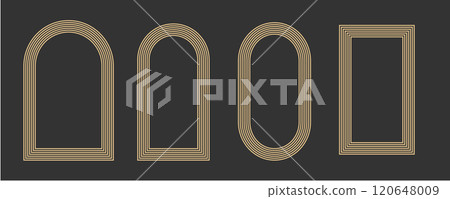Arch, gold geometric lines, knots abstract shapes. Set modern golden minimal aesthetic borders, frames, corners. Stripes balance elements.  120648009