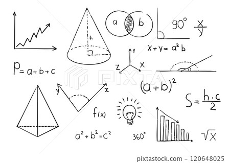 Math geometry graph and shapes on blackboard background. Set science doodle hand drawn sketch elements. Study theory formula, calculations. 120648025