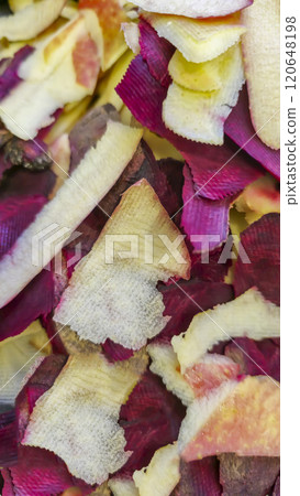 Vegetable peelings on a wooden board. Cooking borscht. Zero waste concept. Vegetable peelings on a wooden board. Cooking borscht. Zero waste concept. 120648198