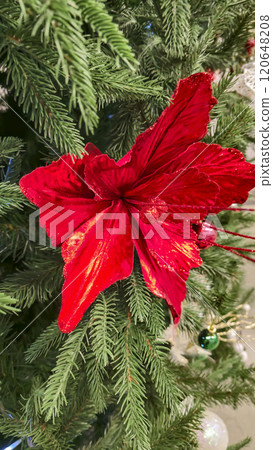 Decorated Christmas tree with festive toys Christmas atmosphere. Decorated Christmas tree with festive toys Christmas atmosphere. 120648208