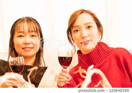 兩個女人在家庭聚會上敬酒 兩個女人在家庭聚會上敬酒 120648399