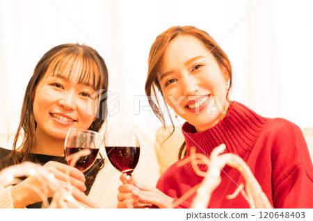 Two women toasting with wine at a home party Two women toasting with wine at a home party 120648403