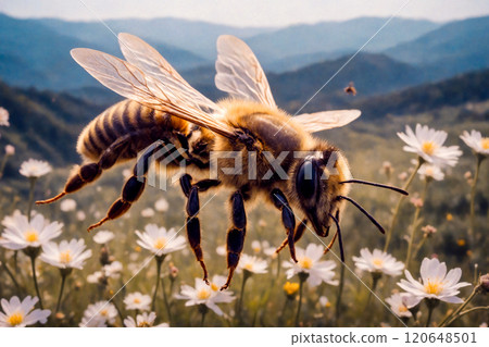 Photorealistic digital illustration of a close-up of a bee in flight 120648501
