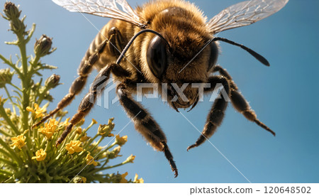 Photorealistic digital illustration of a close-up of a bee in flight 120648502