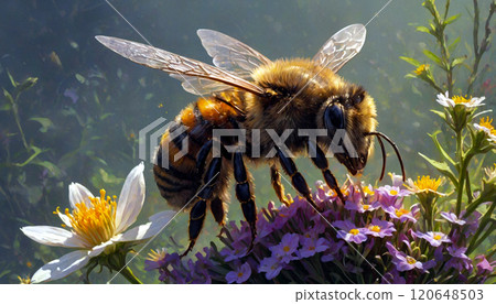 Photorealistic digital illustration of a close-up of a bee in flight 120648503