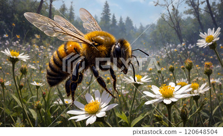 Photorealistic digital illustration of a close-up of a bee in flight 120648504