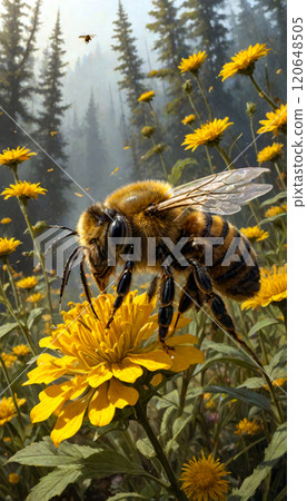 Photorealistic digital illustration of a close-up of a bee in flight 120648505