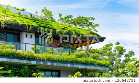 Eco-friendly house with green rooftop. A modern dwelling with an eco-friendly touch - its green rooftop is a breath of fresh air. 120648791