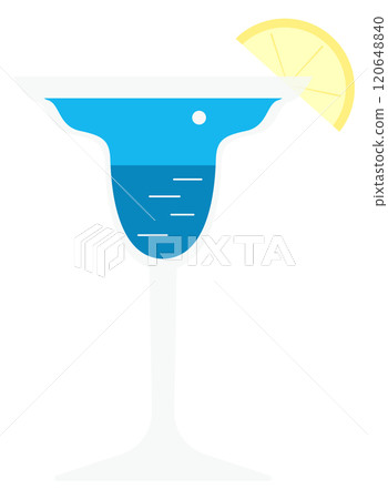 A blue cocktail in a glass with a lemon wedge on top A blue cocktail in a glass with a lemon wedge on top 120648840
