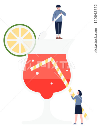 The drink is a cocktail with a lime wedge on the side 120648852