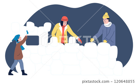 A cartoon of three people building a snow fort A cartoon of three people building a snow fort 120648855