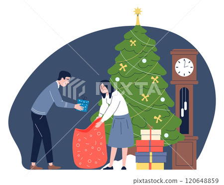 A man and a woman are opening a Christmas present A man and a woman are opening a Christmas present 120648859