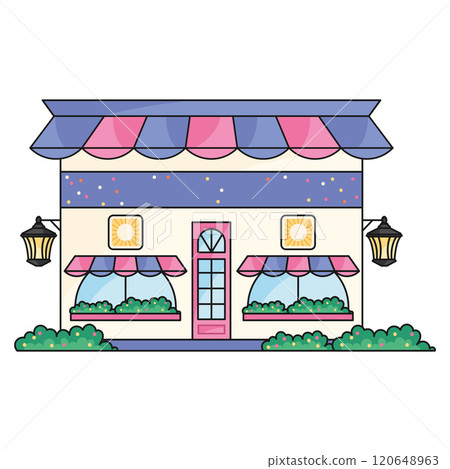 Colorful storefront with decorative awnings, Vector Colorful storefront with decorative awnings, Vector 120648963