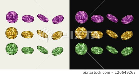 Set of shiny coins with Crown for Mardi Gras carnival. Tradition colors. Detailed illustration in vintage style on black, white background Set of shiny coins with Crown for Mardi Gras carnival. Tradition colors. Detailed illustration in vintage style on black, white background 120649262
