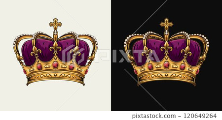 Golden imperial crown with red gemstones ruby, pearls, fleur de lis sign on points, cross on top, purple velvet. Design element is easy to combine with head, any face. Front view. Vintage style. Golden imperial crown with red gemstones ruby, pearls, fleur de lis sign on points, cross on top, purple velvet. Design element is easy to combine with head, any face. Front view. Vintage style. 120649264