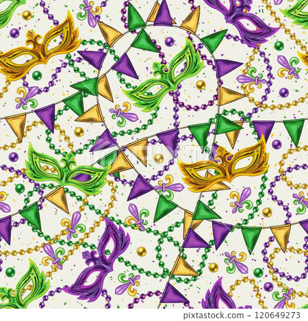 Seamless Mardi Gras pattern with masks, scattered trinket, pennant garland, strings of beads on white background. Vintage illustration for prints, party decoration Seamless Mardi Gras pattern with masks, scattered trinket, pennant garland, strings of beads on white background. Vintage illustration for prints, party decoration 120649273