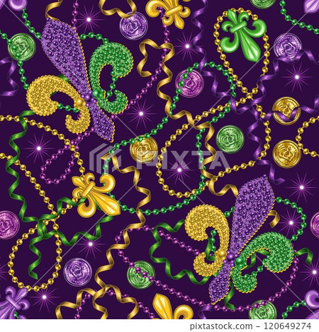 Seamless Mardi Gras pattern with strings of beads, streamer ribbons, coins, trinket, Fleur de Lis sign. Randomly scattered objects. Festive holiday design. Vintage style Seamless Mardi Gras pattern with strings of beads, streamer ribbons, coins, trinket, Fleur de Lis sign. Randomly scattered objects. Festive holiday design. Vintage style 120649274