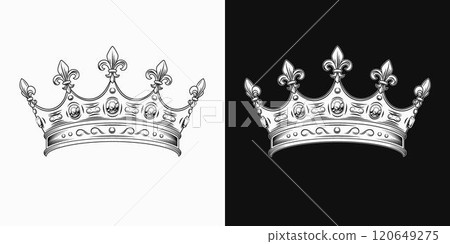 Medieval crown with gemstones, fleur de lis sign on points. Black and white design element is easy to combine with head, any face. Front view. Vintage style. 120649275