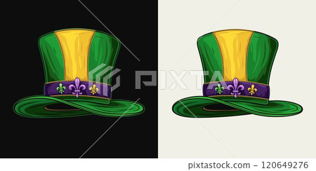 Mardi Gras tall top hat with belt, band with fleur de lis pins. Festival masquerade accessories. Vintage style. Mardi Gras tall top hat with belt, band with fleur de lis pins. Festival masquerade accessories. Vintage style. 120649276