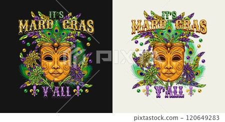 Mardi Gras themed colorful label. Emblem with carnival golden venetian face mask with bundle of colorful feathers, scattered beads, glossy text. Vintage holiday composition. 120649283