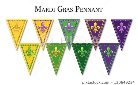 Triangular Mardi Gras pennants, flags, bunting for holiday celebration, decoration with Fleur de Lis symbol, masks, beads. Design element in vintage style Triangular Mardi Gras pennants, flags, bunting for holiday celebration, decoration with Fleur de Lis symbol, masks, beads. Design element in vintage style 120649284