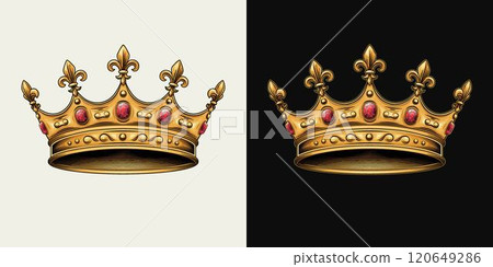 Golden crown with red gemstones ruby, fleur de lis sign on points. Vintage style. 120649286