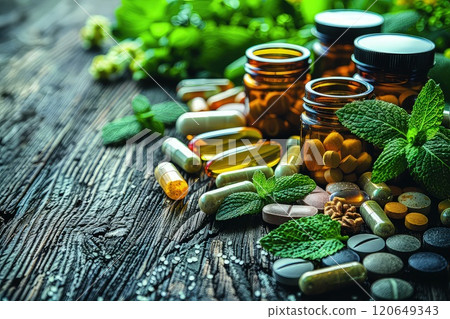 Supplements and vitamins on a wooden table. A tableau of vitality unfolds as a variety of supplements and vitamins find their place on a rustic wooden table. 120649343