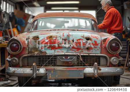 Vintage car repair master during work in his garage. The garage is filled with the rhythmic sound of the master's hammer, as he skillfully reshapes a stubborn fender. 120649438