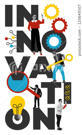 Creative visualization of innovation in business with gears, light bulbs, professionals, and conceptual typography. Progress and new ideas. Contemporary art collage. 120649507