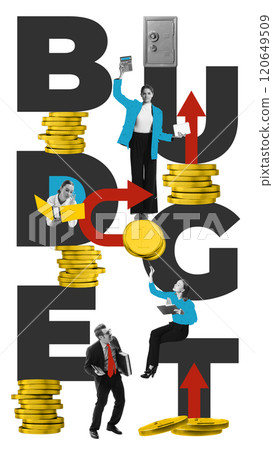 Budgeting and finance. Arrows, coins, professional tools, and businesspeople working on financial planning. Contemporary art collage. Budgeting and finance. Arrows, coins, professional tools, and businesspeople working on financial planning. Contemporary art collage. 120649509