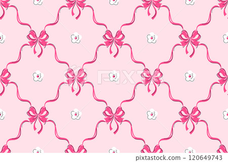 Pink bows, curly ribbons seamless pattern with white daisy flowers Pink bows, curly ribbons seamless pattern with white daisy flowers 120649743