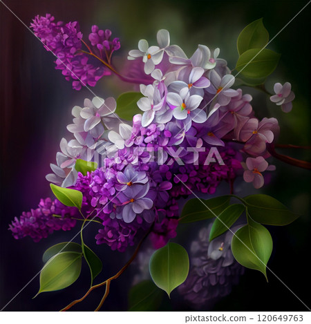 A large branch of lilac blossoms. Spring blue lilac flowers close up on blurred background - AI generated image 120649763