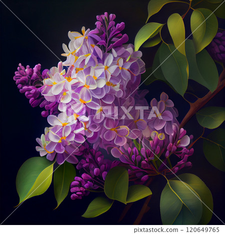 A large branch of lilac blossoms. Spring blue lilac flowers close up on blurred background - AI generated image A large branch of lilac blossoms. Spring blue lilac flowers close up on blurred background - AI generated image 120649765