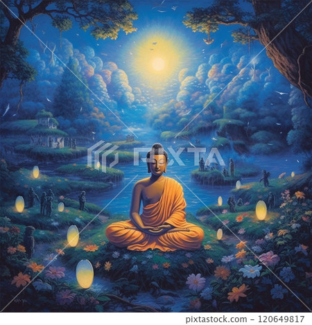 Water Lotus Buddha Statue Buddha on Sun Background - AI generated image 120649817