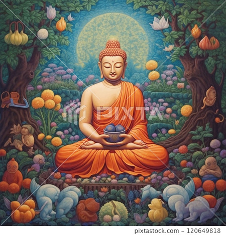 Water Lotus Buddha Statue Buddha on Sun Background - AI generated image Water Lotus Buddha Statue Buddha on Sun Background - AI generated image 120649818