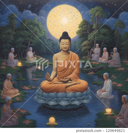 Water Lotus Buddha Statue Buddha on Sun Background - AI generated image Water Lotus Buddha Statue Buddha on Sun Background - AI generated image 120649821