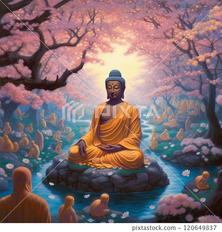 Water Lotus Buddha Statue Buddha on Sun Background - AI generated image 120649837