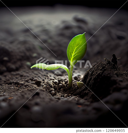 The growth of a new plant in the soil of the earth, environmental care, green energy - AI generated image 120649935