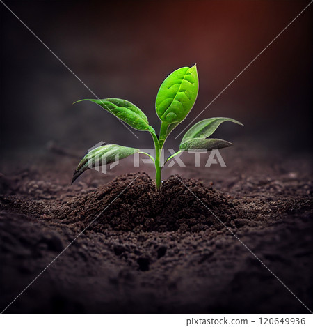 The growth of a new plant in the soil of the earth, environmental care, green energy - AI generated image 120649936