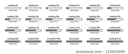 Percentage loading rectangular bar infographics set progressing from 0 to 100 percent with a difference of 5% in black color. Set of rectangular bar loading 5%, 10%, 75%, 95%, 100% infographics set. 120650094