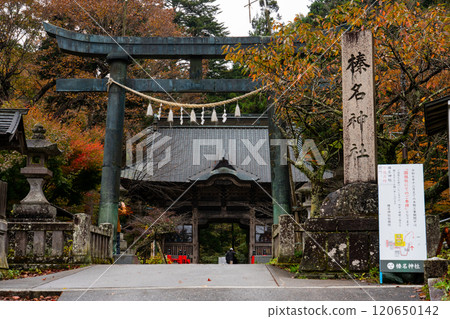 Haruna Shrine's Zuishinmon Gate in autumn, surrounded by autumn leaves 120650142