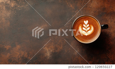 Top view of cappuccino cup with latte art on brown concrete background with place for text 120650227