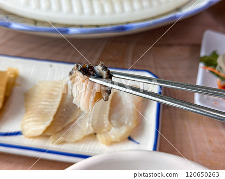 Korean seafood. fresh abalone sashimi 120650263