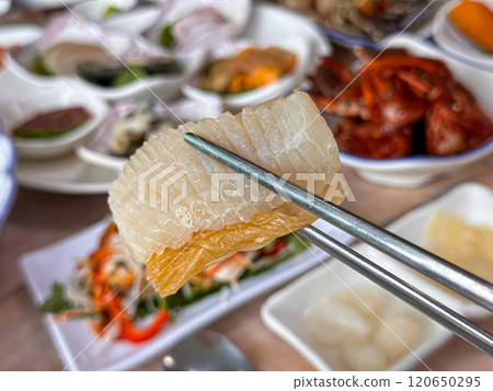 Korean food. Skate sashimi and white kimchi 120650295