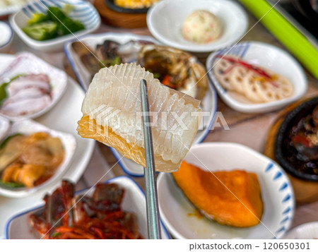 Korean food. Skate sashimi and white kimchi 120650301