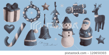 Cute naive Christmas set with snowman, gingerbread, gift box, and Santa. Design with retro aesthetic, halftone collage photocopy effects. Vector illustration. 120650303