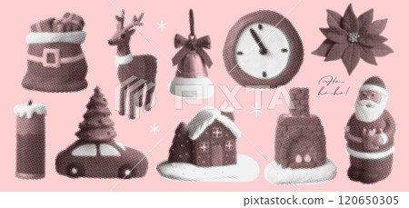 Cute Christmas elements set in naive halftone collage photocopy effect. Santa Claus stippling y2k childish overlay clipart. Vector vintage illustration. Cute Christmas elements set in naive halftone collage photocopy effect. Santa Claus stippling y2k childish overlay clipart. Vector vintage illustration. 120650305
