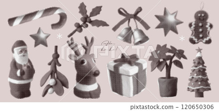 Cozy Christmas set with bells, gingerbread, gift, and Santa. Design with retro aesthetic, halftone collage photocopy effects. Vector illustration. 120650306