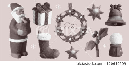 Christmas elements set in naive halftone collage photocopy effect. Santa Claus stippling y2k childish overlay clipart. Vector vintage illustration. 120650309